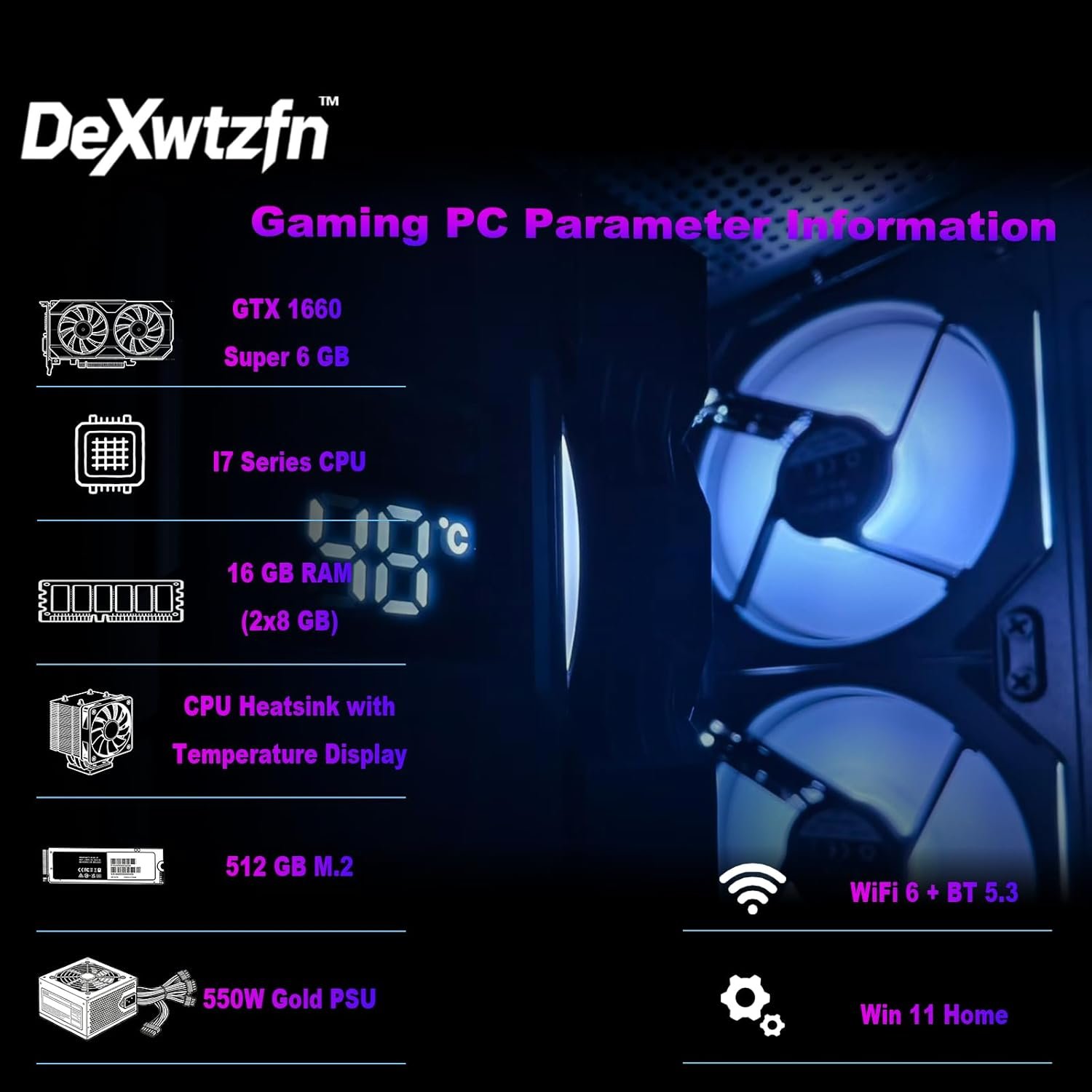 Gaming PC, i7 CPU Up to 4.2 GHz, GTX 1660 Super 6GB DDR6 Graphics Card, 512GB SSD, 16GB RAM, ARGB Fansx4 for Desktop PC, WiFi 6 BT 5.3, Win11 (i7/16G/GTX1660S 6GB) - Image 5