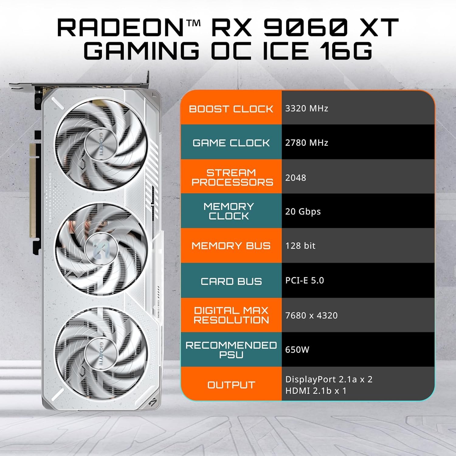 GIGABYTE Radeon™ RX 9060 XT Gaming OC ICE 16G Graphics Card (16GB GDDR6, 128-bit, PCIe 5.0, HDMI/DP 2.1, 2 Slot, Hawk Fan, Server-Grade Thermal Gel, Reinforced Structure) - Image 3